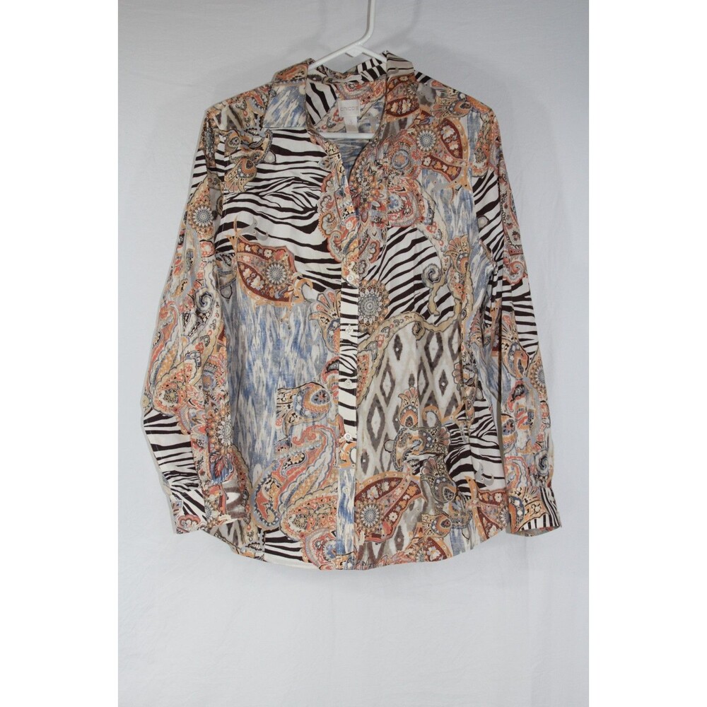 Chico's Blouse Women's XL Tan Brown Ivory Blue Batik 100% Cotton No Iron Size 3